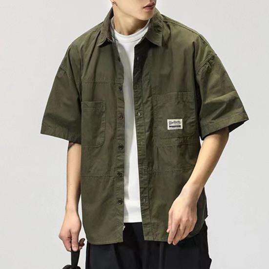 Men Shirt Turn-down Collar Hip Hop Buttons Cool Breathable Single-breasted Cardigan Solid Color Multi Pockets Summer Cargo Shirt Male Clothes