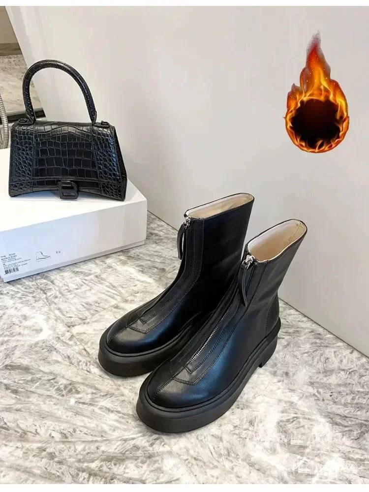 Female 2025 Autumn/Winter Front Zipper Leather Thick Sole Ankle Boots British Style Thick Heel Fashion Plush Women's Short Boot