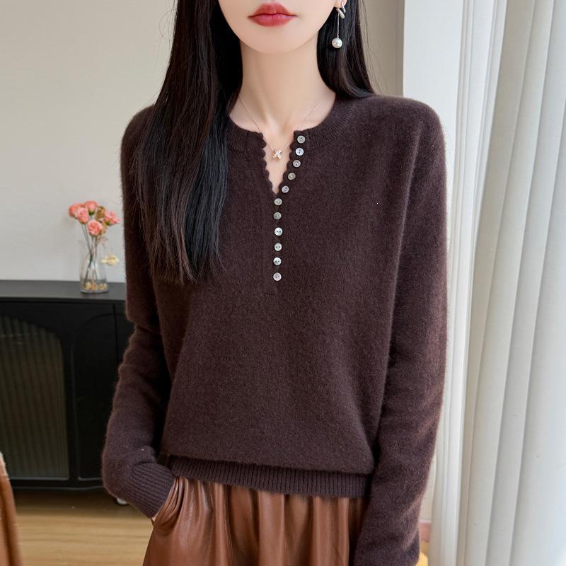 Autumn/Winter Women's Pure Wool V-neck Long Sleeve Multi-button Loose Sweater