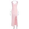 Women European Style Backless Sleeveless Lace Up Slit Slim Long Dress