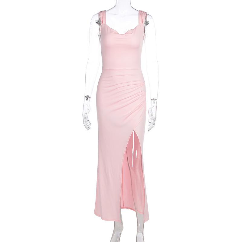 Women European Style Backless Sleeveless Lace Up Slit Slim Long Dress