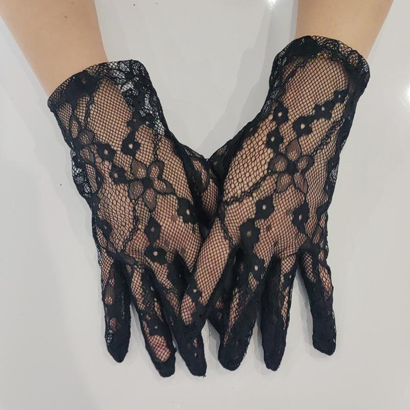 Sexy Black Hollow Mesh Gloves Sunscreen Thin Elegant Short Transparen Sheer Mittens Bridal Wedding Dress Gloves