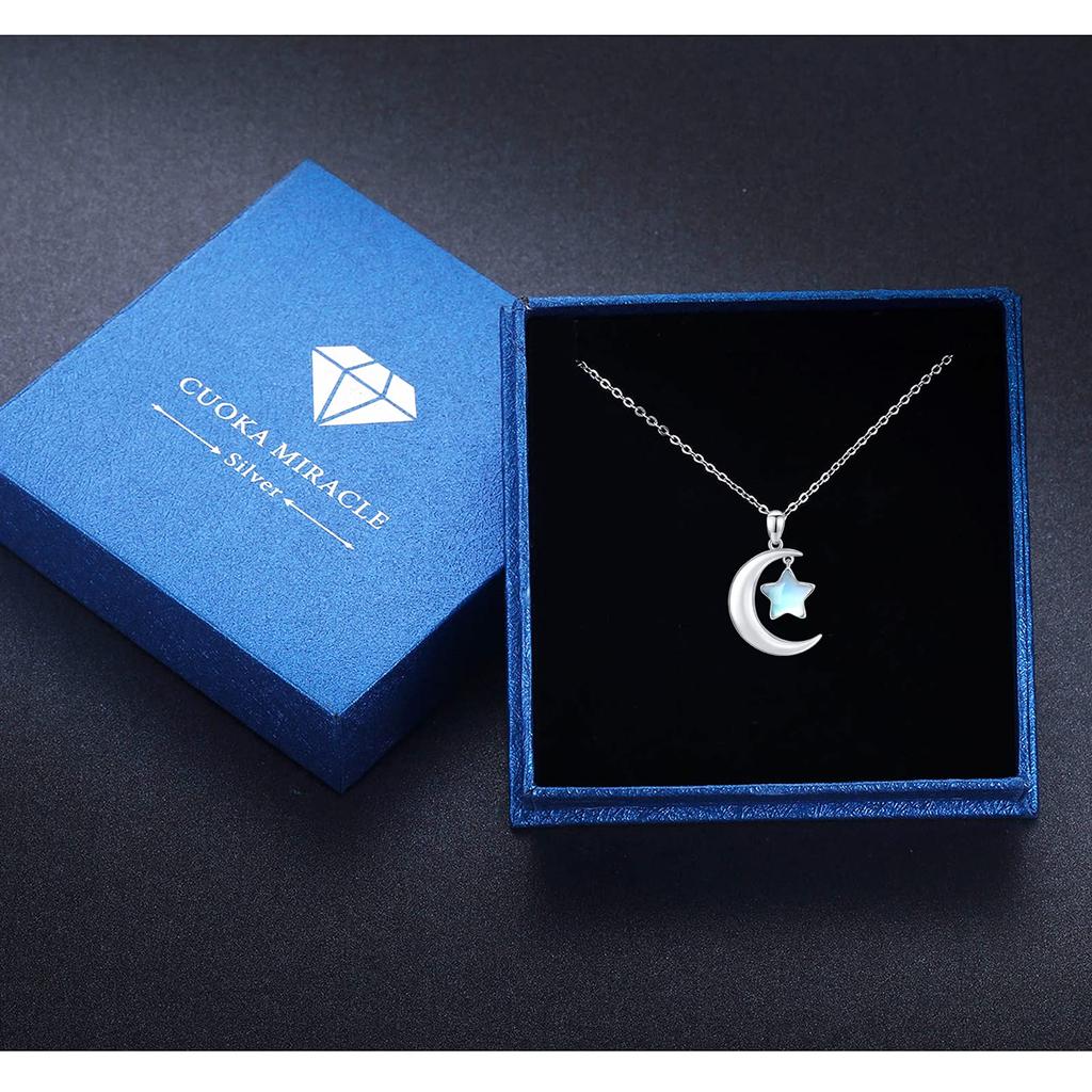 CUOKA MIRACLE Moonstone Necklace Moon Star Necklace 925 Sterling Silver Crescent Moon and Star Pendant Necklace Synthetic Rainbow Moonstone Star Moon