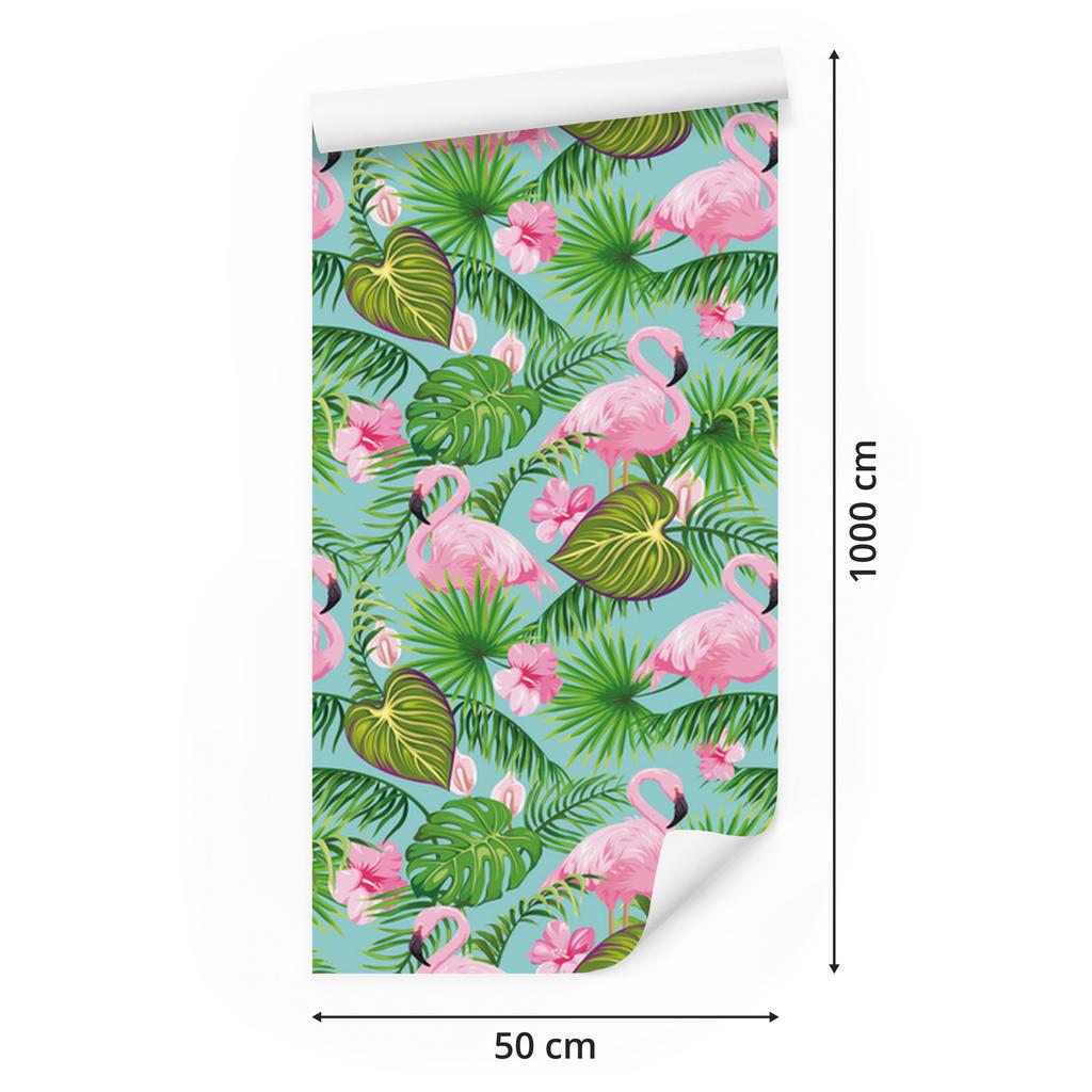 Flamingos, flowers and tropical leaves wallpaper for living room and bedroom 50x1000