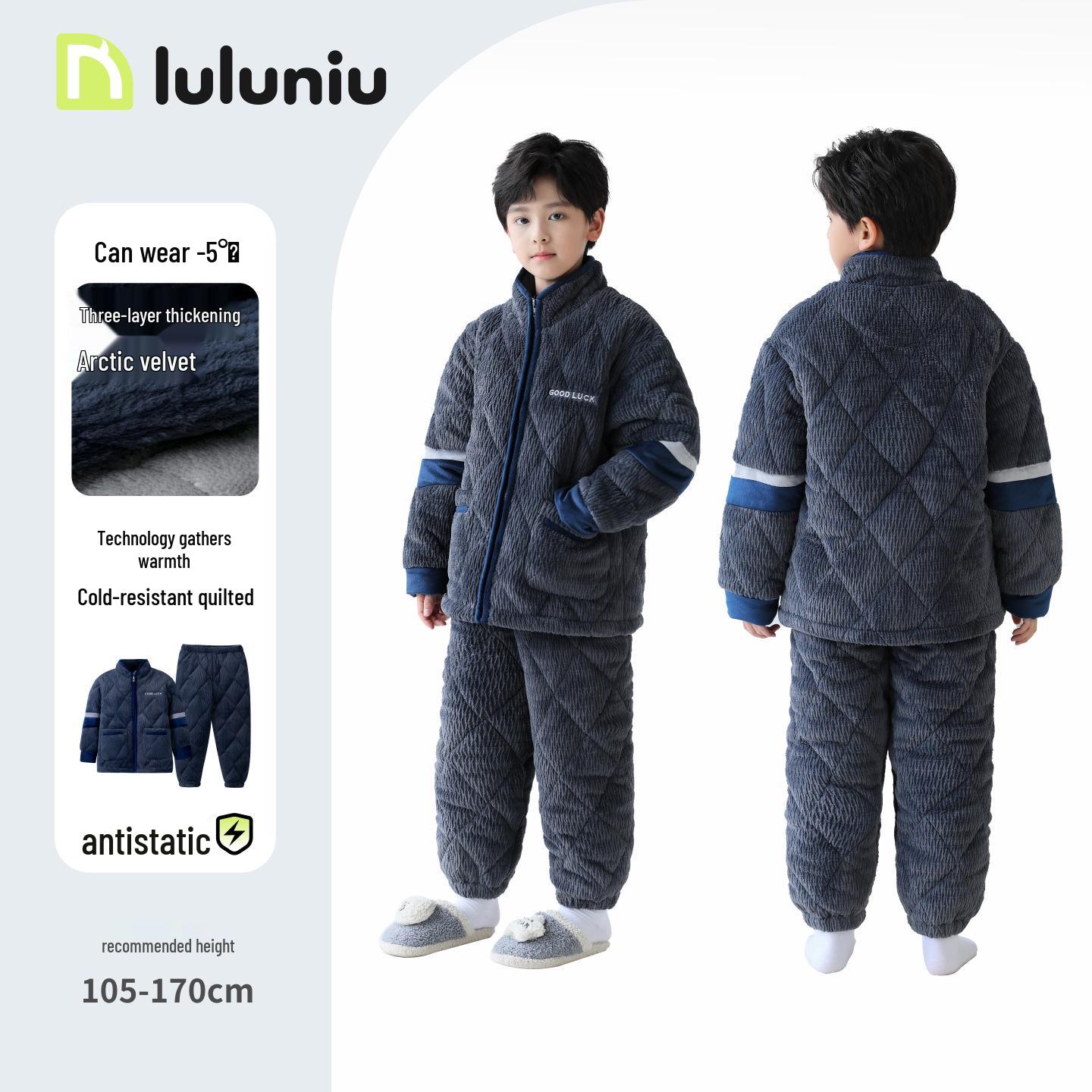 

Lulu Niu Boys Winter Flannel Quilted Pajamas - Thick Coral Fleece Homewear for Kids 110cm (Height 105-115cm)