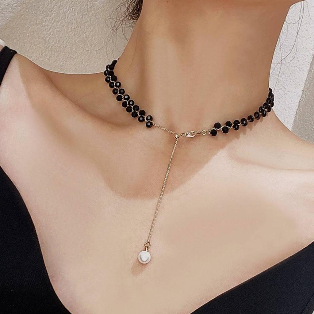 Fashion Black Crystal Necklace for Women Girls Stainless Steel Jewelry Accessories Party Gift