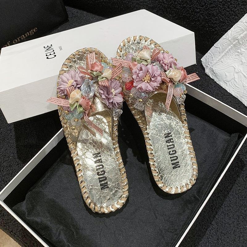 Summer Hot-selling Gypsy Rhinestone Cool Slippers Four-season One-word Cool Slippers Women's Flash Large-size Slippers Women
