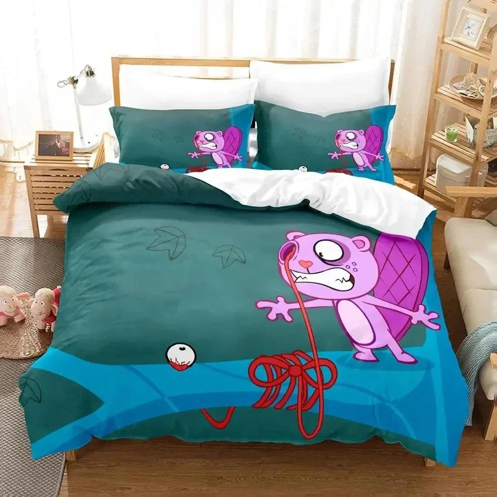 Juego de Ropa de Cama de Dibujos Animados Happy Tree Friends Funda Nórdica Juego de Cama Funda de Colcha Funda de Almohada Edredón tamaño King Queen Niños Ropa de Cama para Adultos