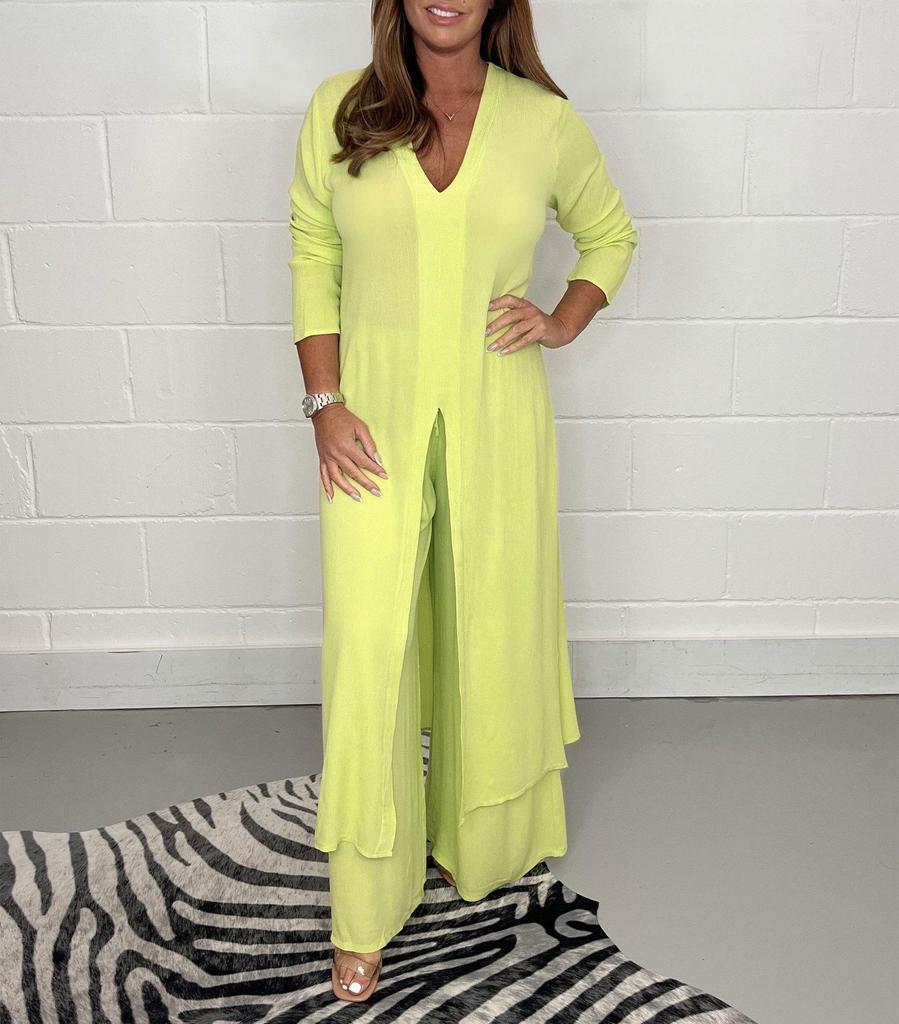 Women's V-Neck Long-Sleeve Slit Top with Wide-Leg Pants - Summer Solid Color Set
