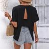 Women's Solid Color Round Neck Short Sleeve Casual T-shirt with Back Slit