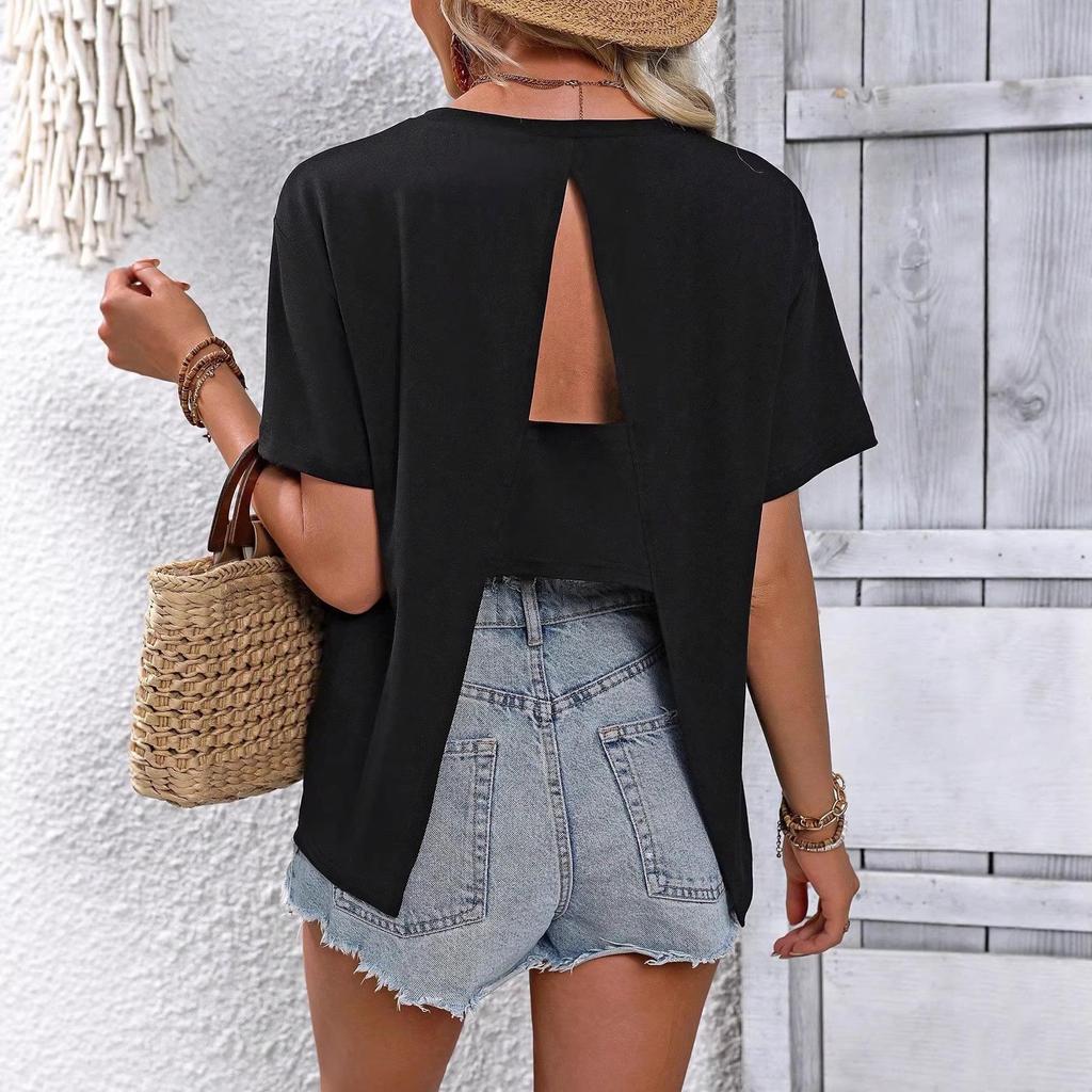 Women's Solid Color Round Neck Short Sleeve Casual T-shirt with Back Slit