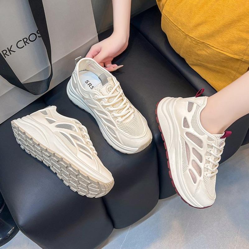 Summer Hollow Women's Casual Sneakers Breathable Height-increasing Platform Shoes Soft Sole Shock-absorbing Running Shoes 2025