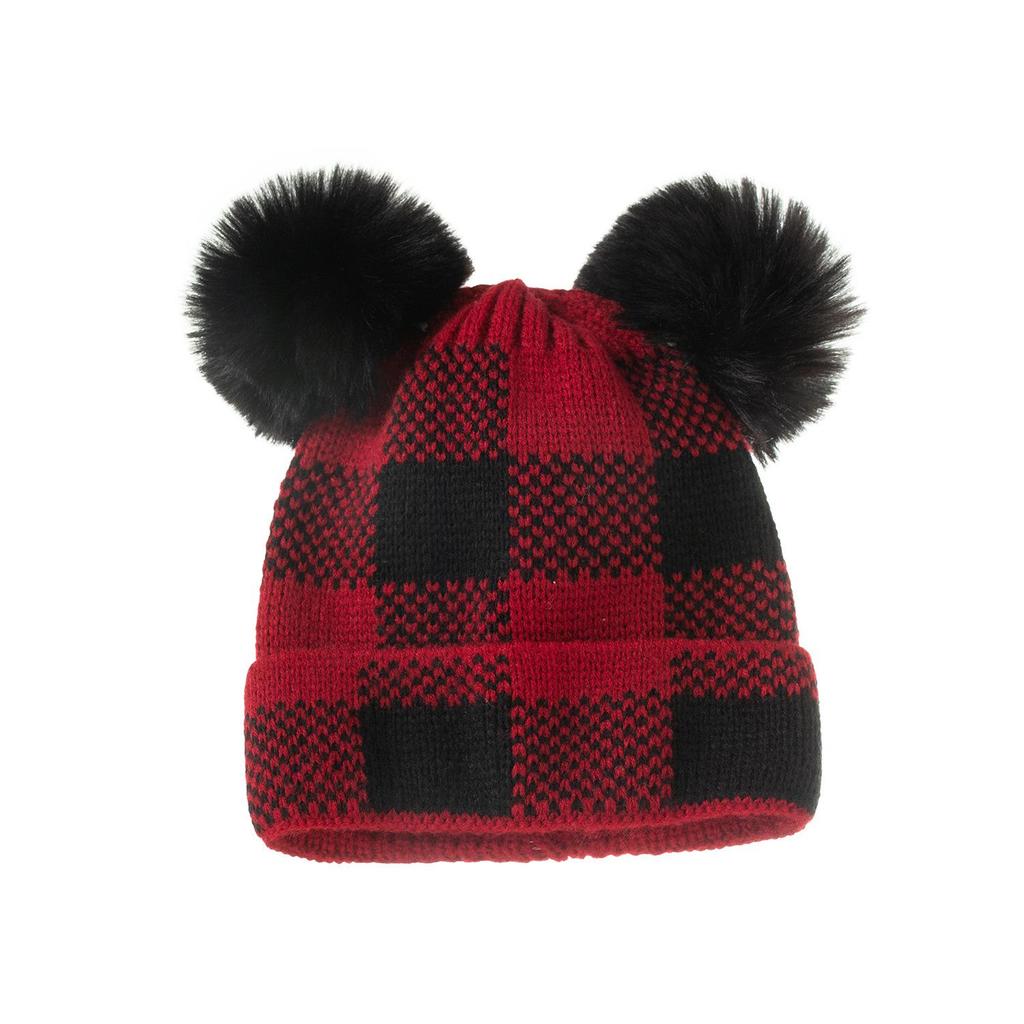 New spot autumn and winter hairball parent-child knitted hat, plaid mother baby Christmas warm hat