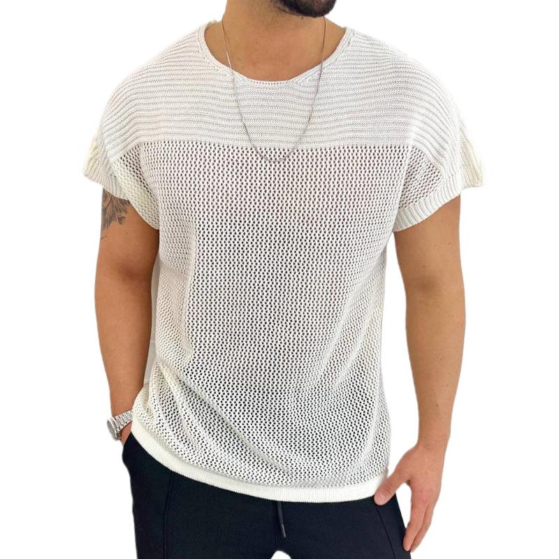 Thin, Openwork Knit Sweater, Men's Round Neck, Short Sleeves, Pullover Top