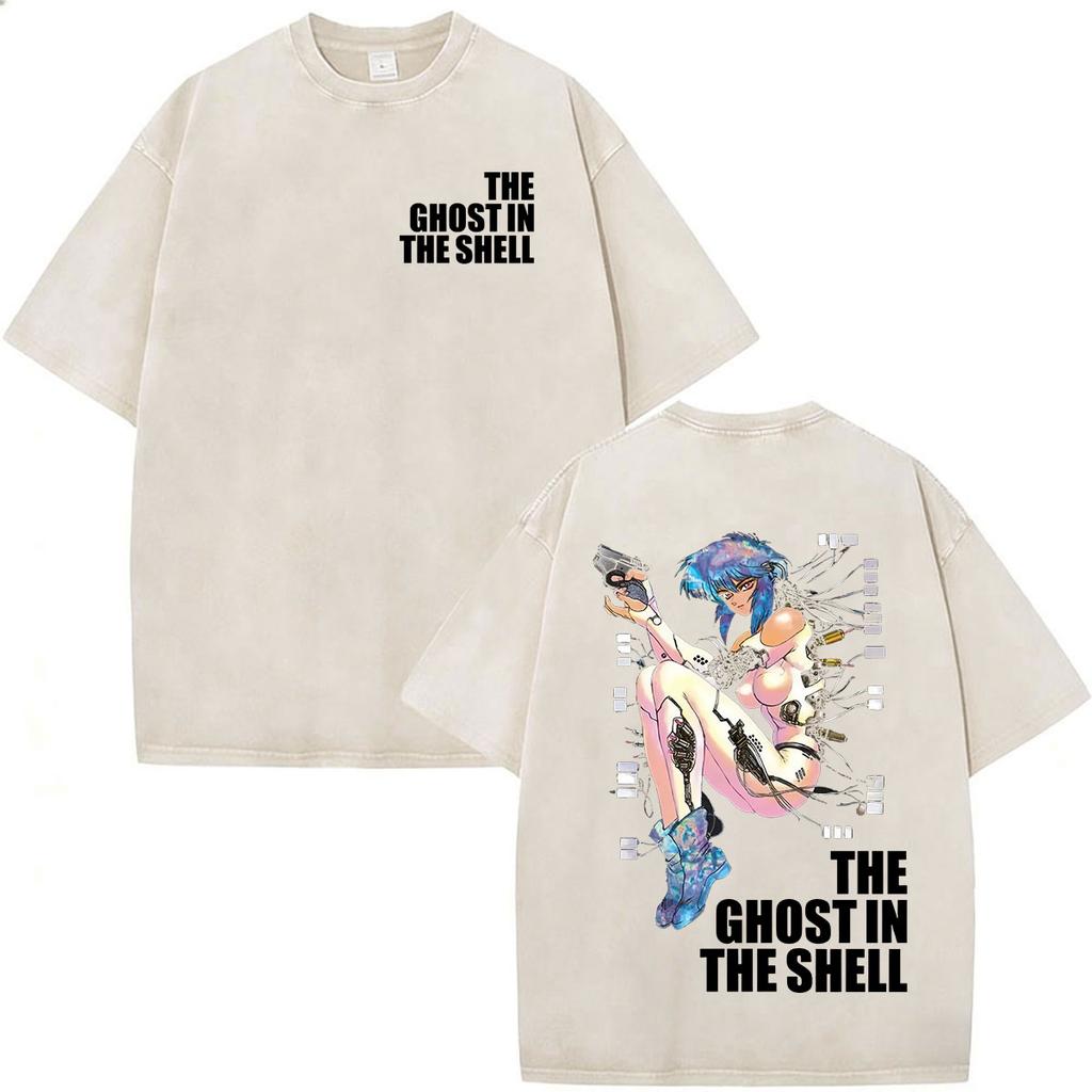 Camisetas Gráficas Vintage Lavadas de Anime Ghost in The Shell Motoko Kusanagi para Hombre y Mujer Moda Camisetas de Manga Corta Oversize