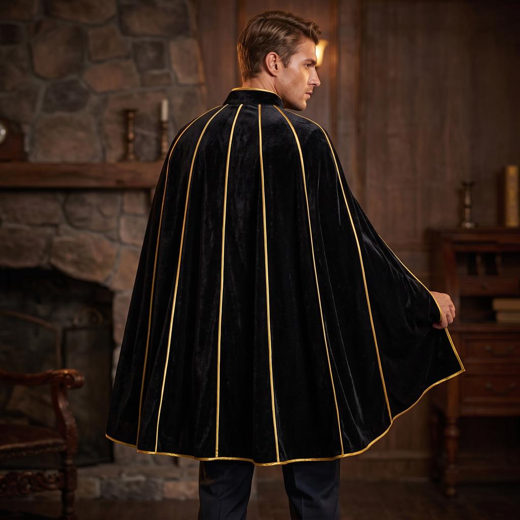 Women's Velvet Cape Coat with Stand Collar and Gold Trim Button Front for Halloween Costume