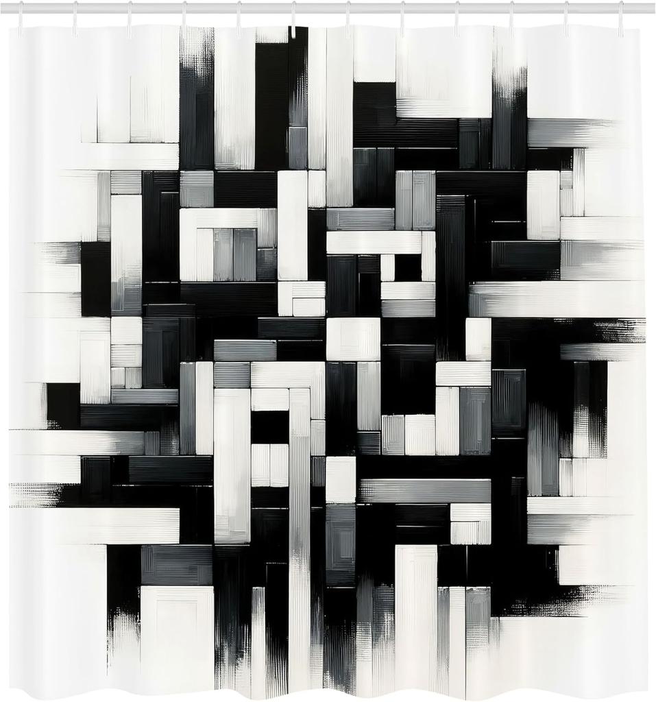 Black And White Shower Curtain, Sketchy Look Brushstrokes Maze Squares And Rectangles Monochrome, Cloth Fabric Bathroo