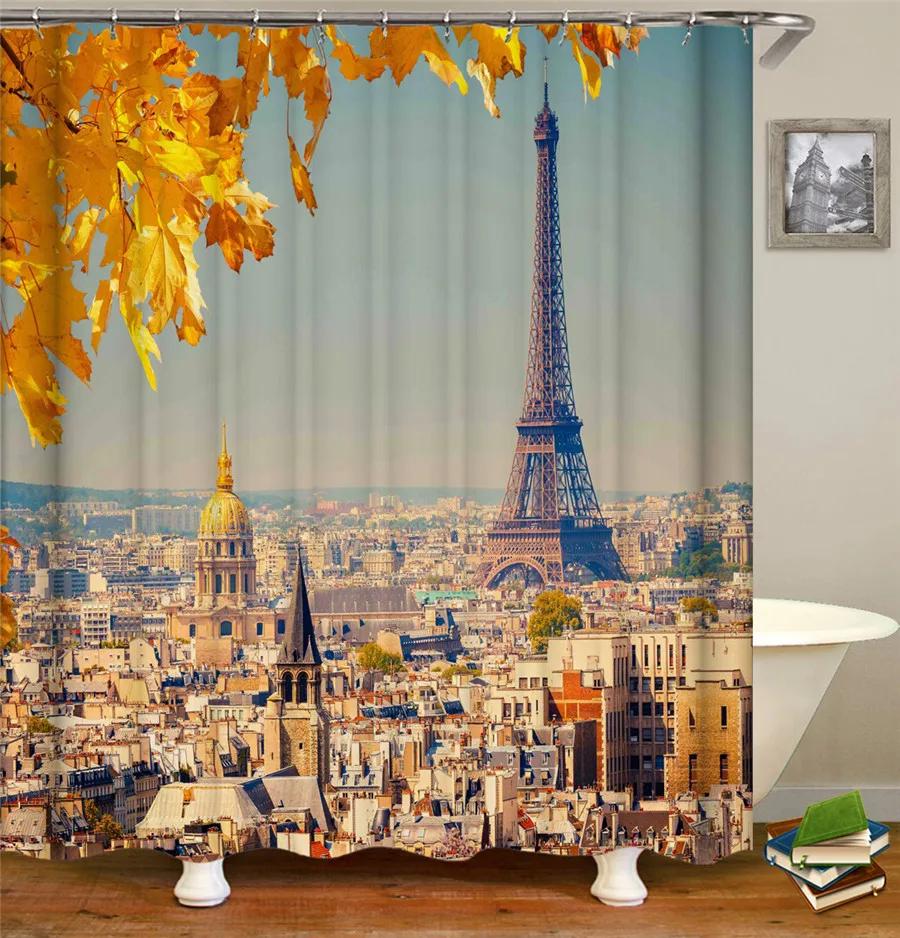 Eiffel Tower Paris Scenery Shower Curtain Vintage Scenery Cherry Blossom Butterfly Polyester Fabric Bath Curtains Bathroom Decor