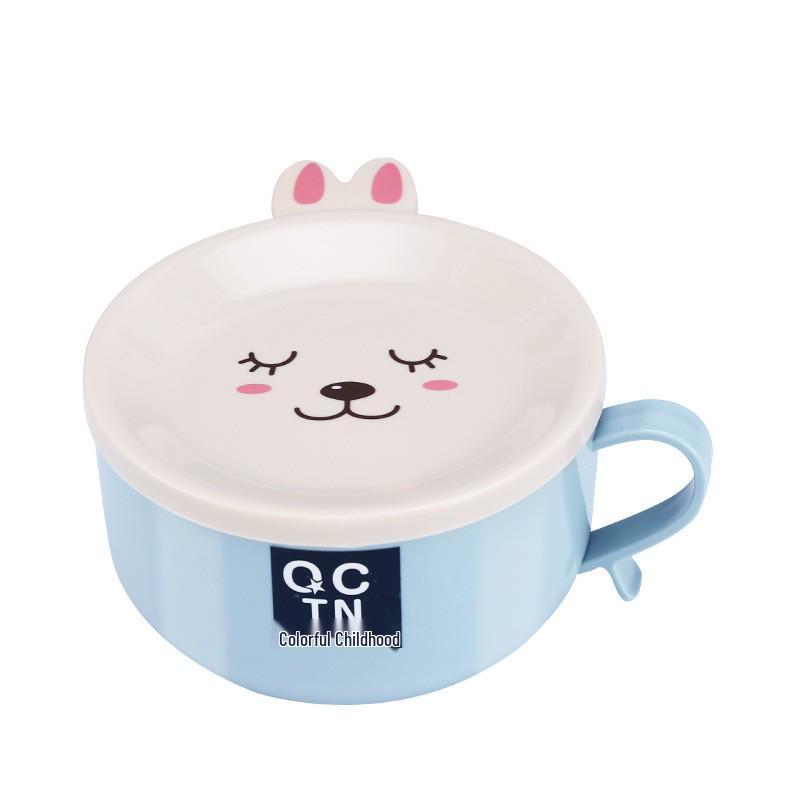 Stainless Steel Insulated Baby Bowl with Lid and Spoon - Double Handle Cartoon Design