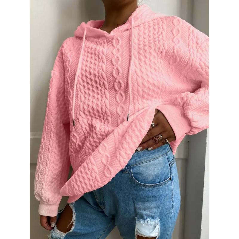 Women's Casual Top, Solid Color Textured Long Sleeve Drawstring Loungewear Hoodie