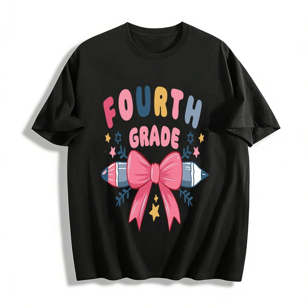 Fourth Grade Bow Pencil Graphic Kids Back to School Top Pure cotton T-shirt XXS
