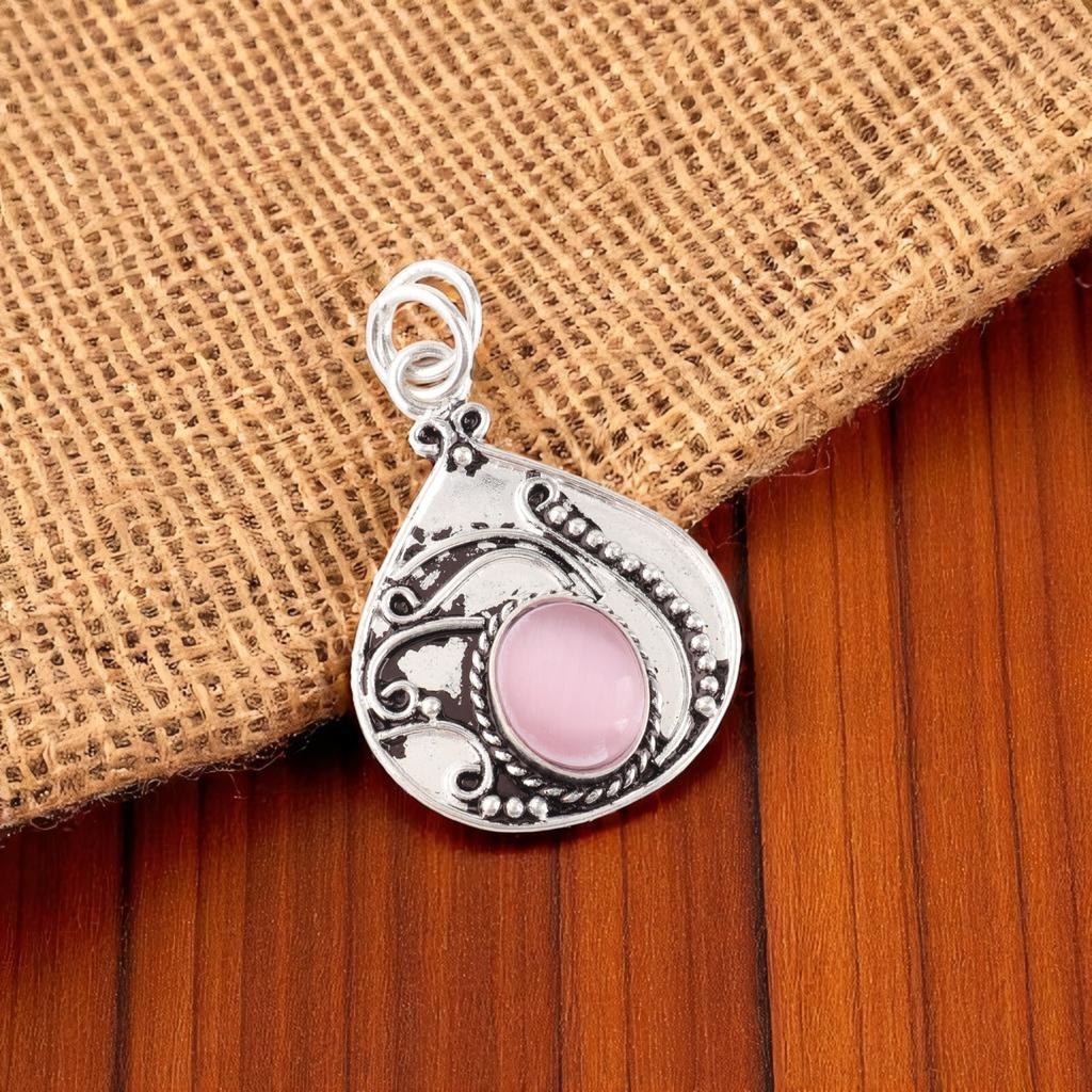 Pink Cat's Eye Gemstone 925 Sterling Silver Jewelry Handmade Women Pendant 1.45" PP-27-40