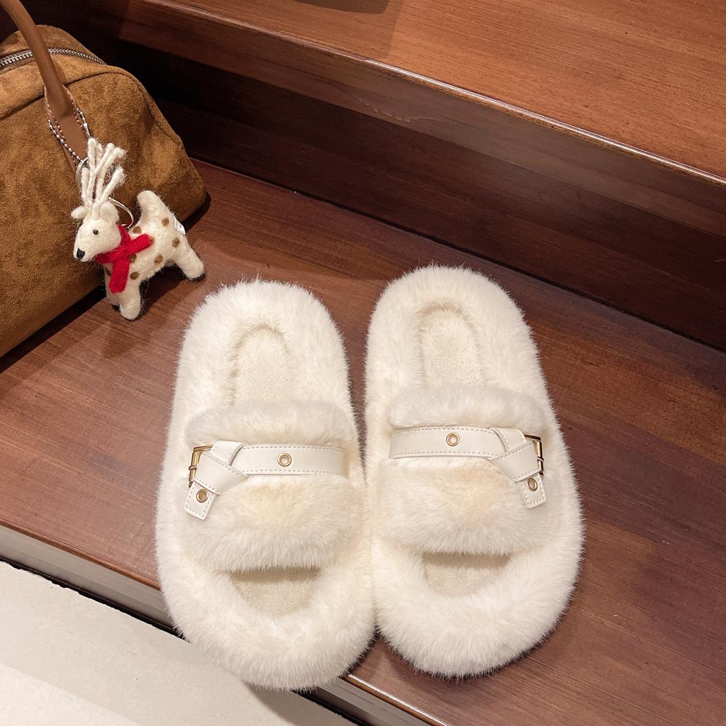 Women's Autumn and Winter New Fur Slippers Fashion Wear Belt Buckle Cotton Slippers