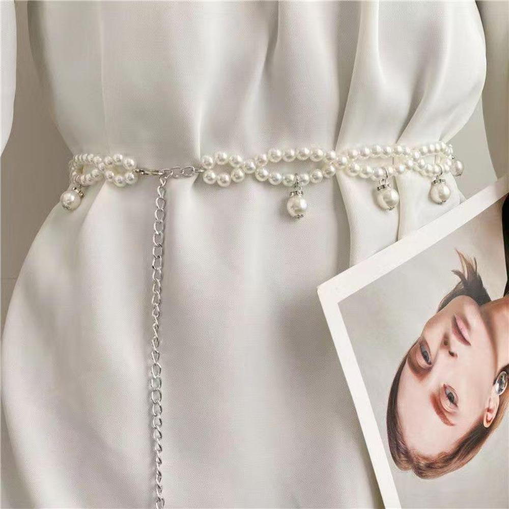 Temperament Elegant Waist Belt 100cm Pearl Belt Fashion Pearl Waist Chains  Girls Dress Strap