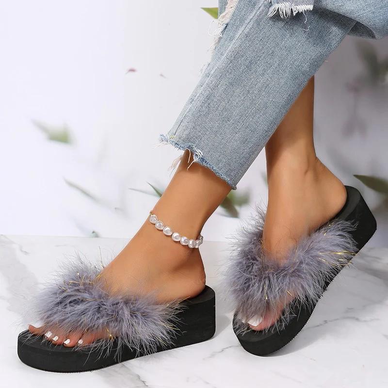 Fashion Women's Slippers with Faux Fur Non Slip Platform Wedges Flip-Flops for Woman 2025 Fashion Summer Vacation Beach Sandals Mujer