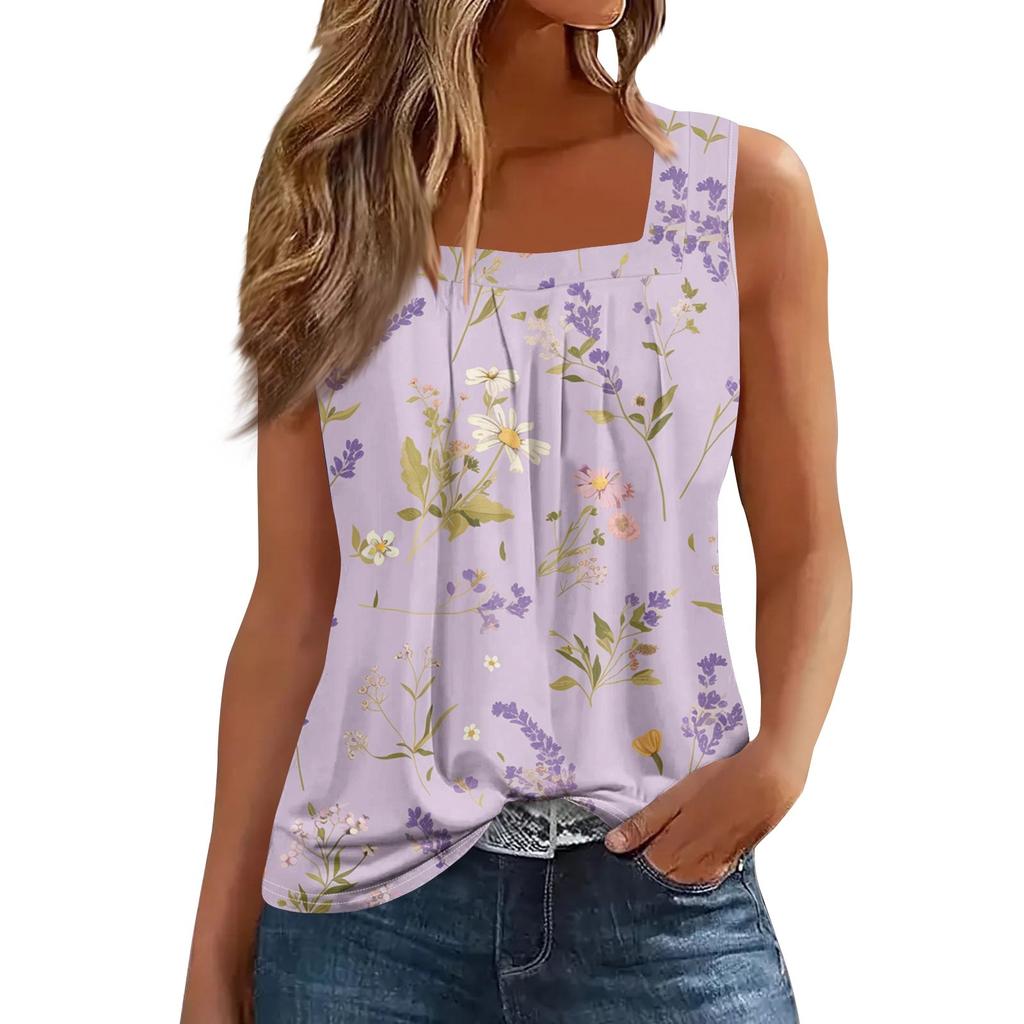 Women's Fashion Casual Pleated Square Collar Sleeveless Vest Print Summer T-shirt