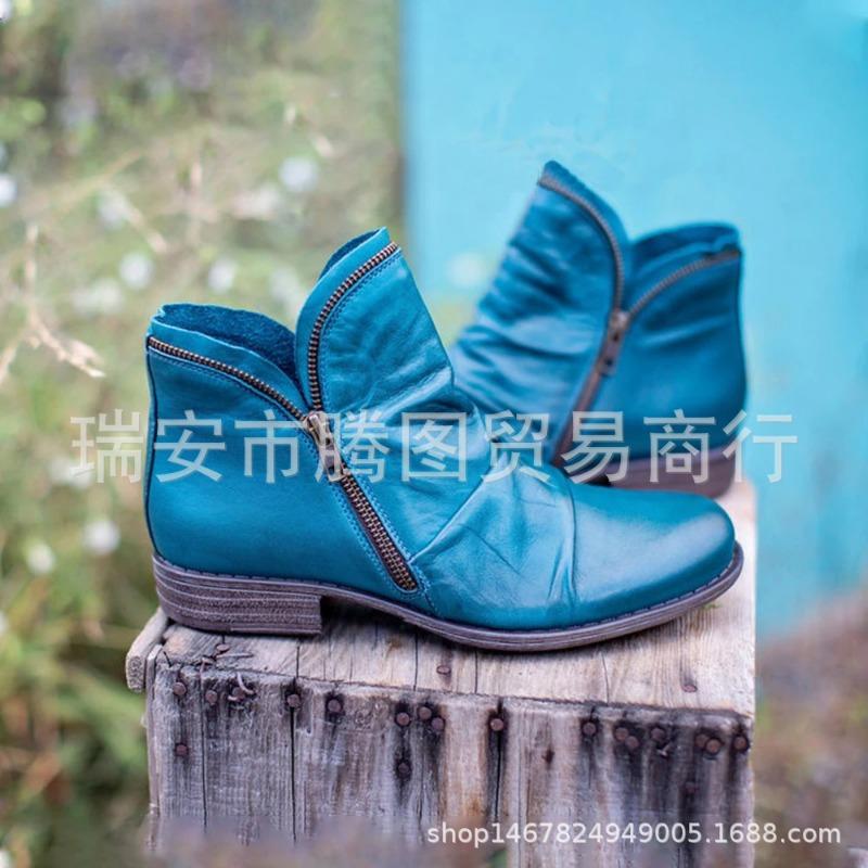 Women's round head artificial mouth women's leather boots side zipper Martin boots warm women's shoes