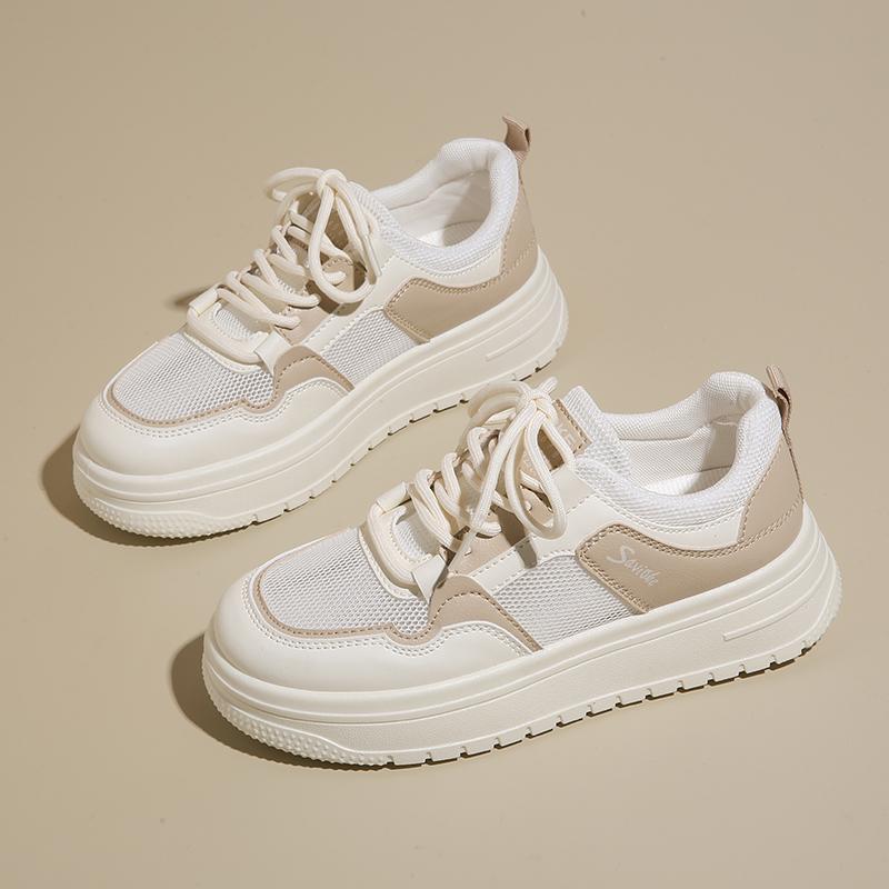 Womens Casual Sports Shoes 2026 New Spring Summer Style Thick Sole Board Shoes Breathable Artificial Flat Shoes White Sneakers