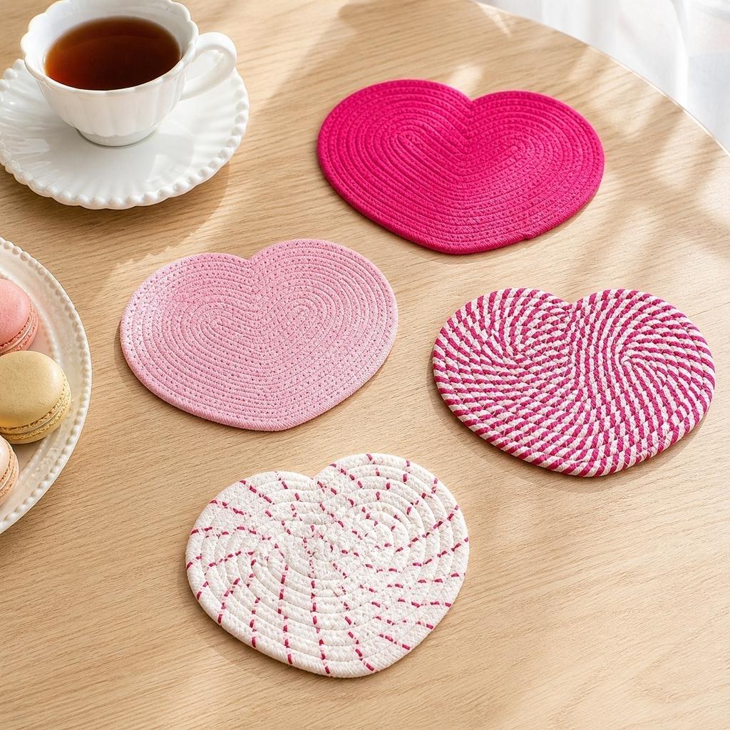 Heart Shape Cotton Rope Placemat Set of 4 - 8 Inch Woven Table Mats for Dining Room Kitchen Decor