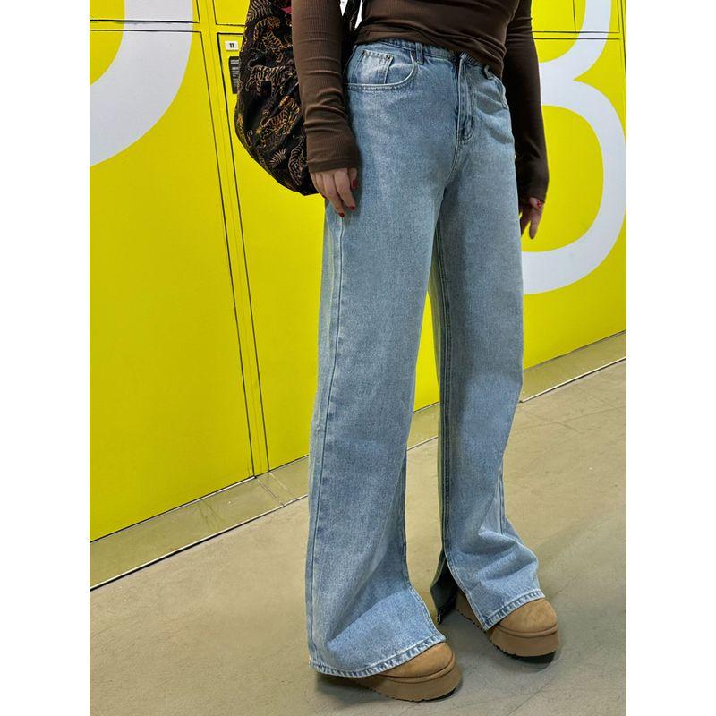 Miss Biggie Fashion Plus Size Slim Looking Easiest for Match Cotton High Waist Straight-leg Inner Slit Washed Light Blue Denim