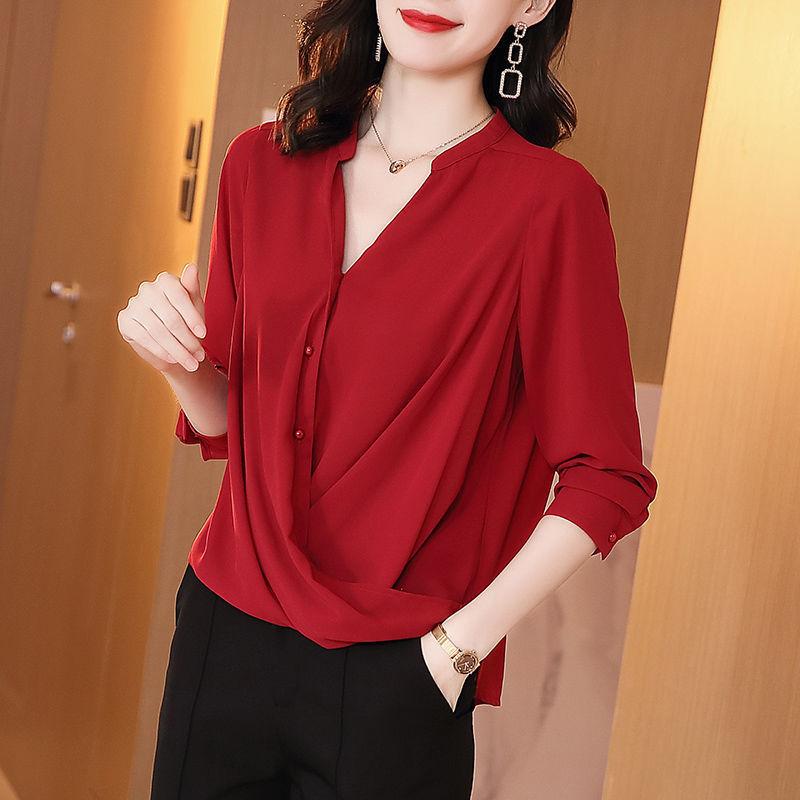 Women's Shirt V-neck Chiffon Shirt Autumn Outfit Top Western Style Loose Fitting Shirt