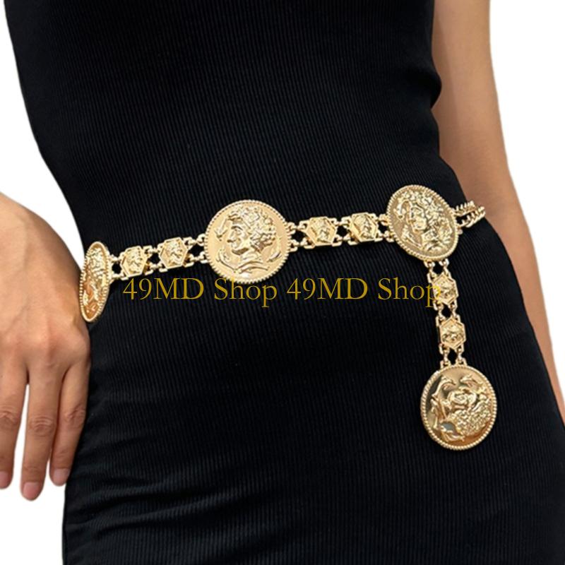 49MD Elegant Waist Belt Aesthetic Head Charm Photo Props Belt for Jeans Dress Belt Body Jewelry Metallic Chain