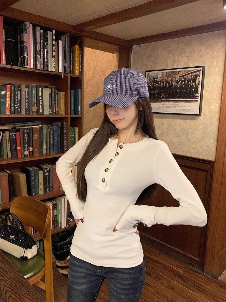 Women's Korean Style Henry Collar Button Long Sleeve Slim Fit T-shirt - Autumn/Winter Waist Cinched Sweet Spicy Girl Top