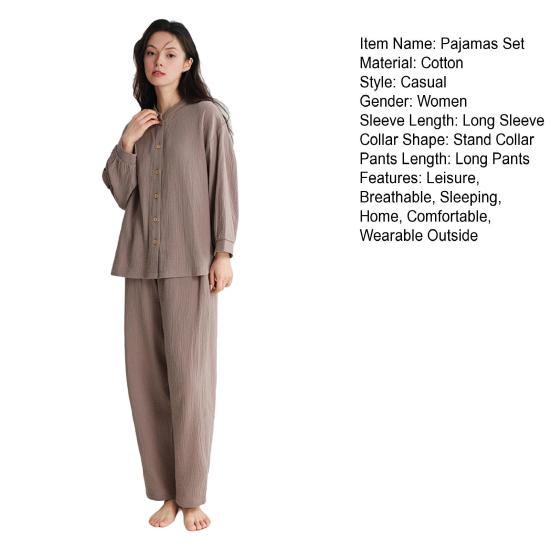 Women's Cotton Pajama Set Button Down Long Sleeve Top And Long Pants Loungewear Set Casual 2 Piece Sleepwear