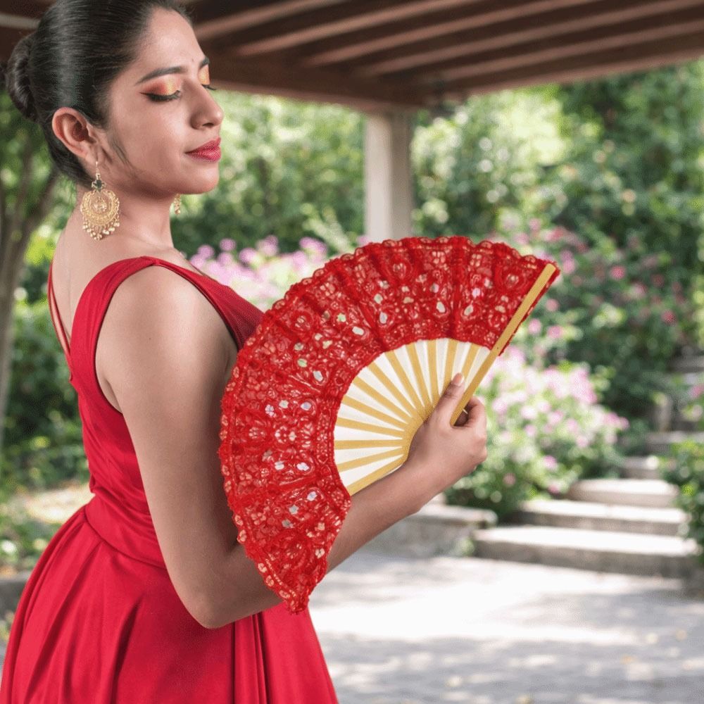 Hollow Ribs Embroidered Folding Fan Tassel Pendant Dance Handheld  Fan  Dance Performance