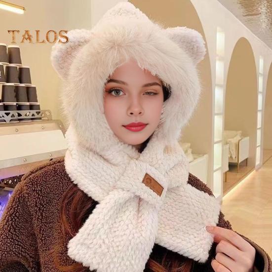 Women Winter Integrated Hat And Scarf Thick Fleece Warm Cartoon Fox Ear Decor Windproof Full Protection Outdoor Travel Cold Weather Snowboarding