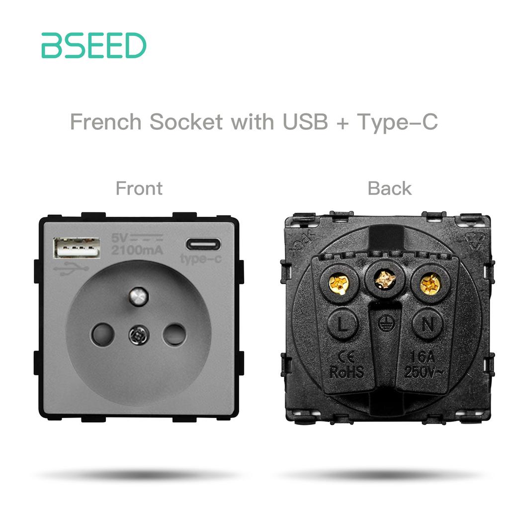 BSEED Mechanical Button Switches EU/FR Socket Type-c Dual USB Sockets Function Parts Glass Socket Frames DIY Free Combination