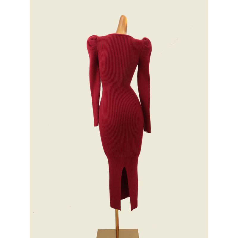 French Style Puff Sleeve Square Collar Long Dress Autumn and Winter New Bejirog Slim Fit Knit Sweater Slim Fit Warm Dress