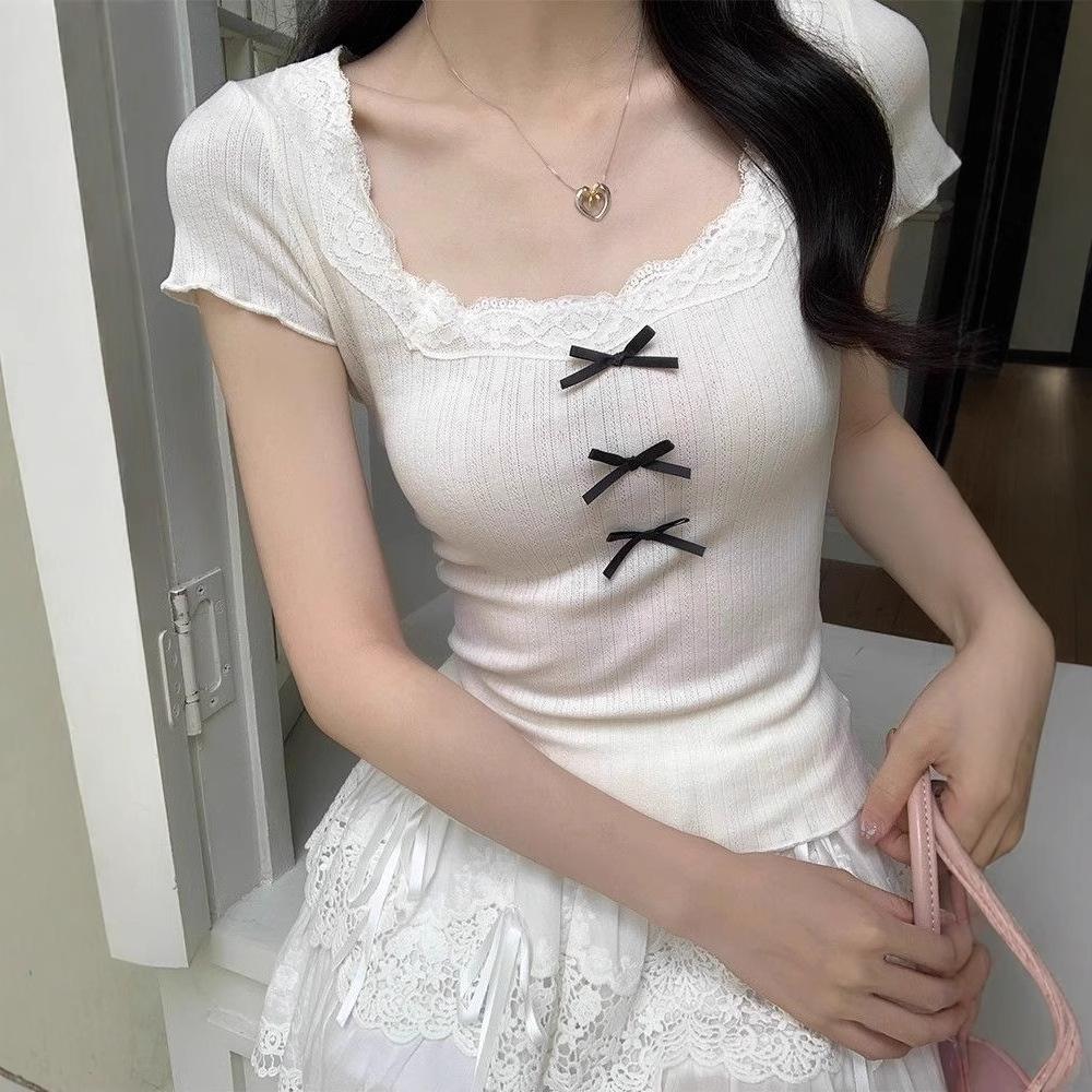 Bow U-neck T-shirt Women's lace short-sleeved spring and summer slim-fitting sweet inner top bottoming shirt