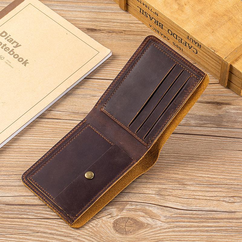 Portofel Bifold Slim pentru Bărbați din Piele Naturală Crazy Horse, Artizanal, Vintage, Suport Carduri din Piele de Vacă, Portmoneu Scurt cu Buzunar pentru Monede