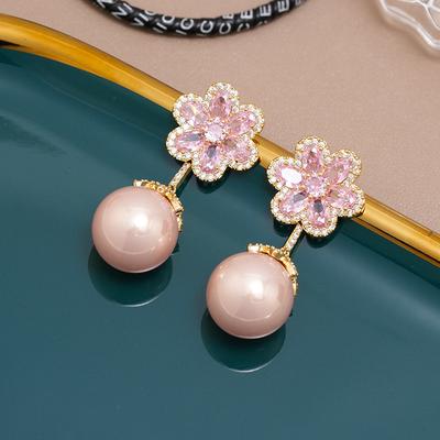 Light Luxury Micro-Inlaid Flower Cherry Blossom Pearl S925 Silver Needle Earrings European And American Micro-Inlaid Zircon Jewelry Factory Wholesale