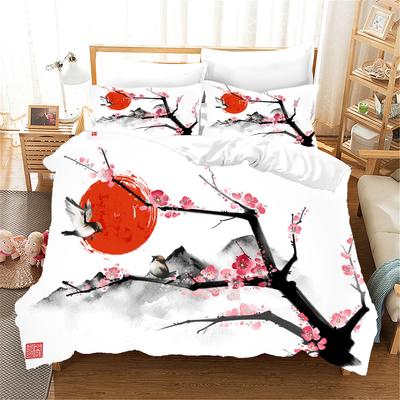 3-teiliges Bettwäscheset mit japanischem Ozeanwellen-Design, Pflaumenblüten und Sonne, Einzelbett, Doppelbett, Bettbezug und 2 Kissenbezügen