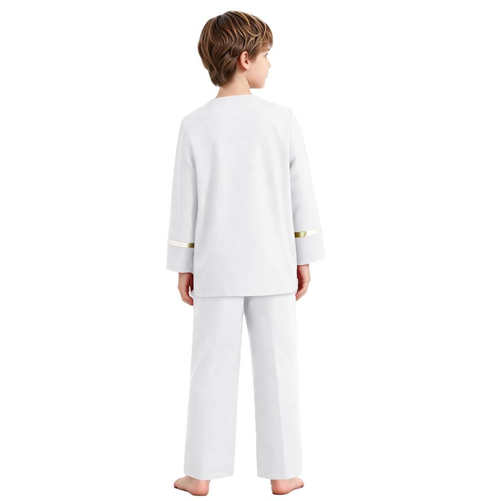 Kids Boys Church Performance Set: Long Sleeve Metallic Patchwork Top & Wide-Leg Pants with Elastic Waistband for Praise Dance