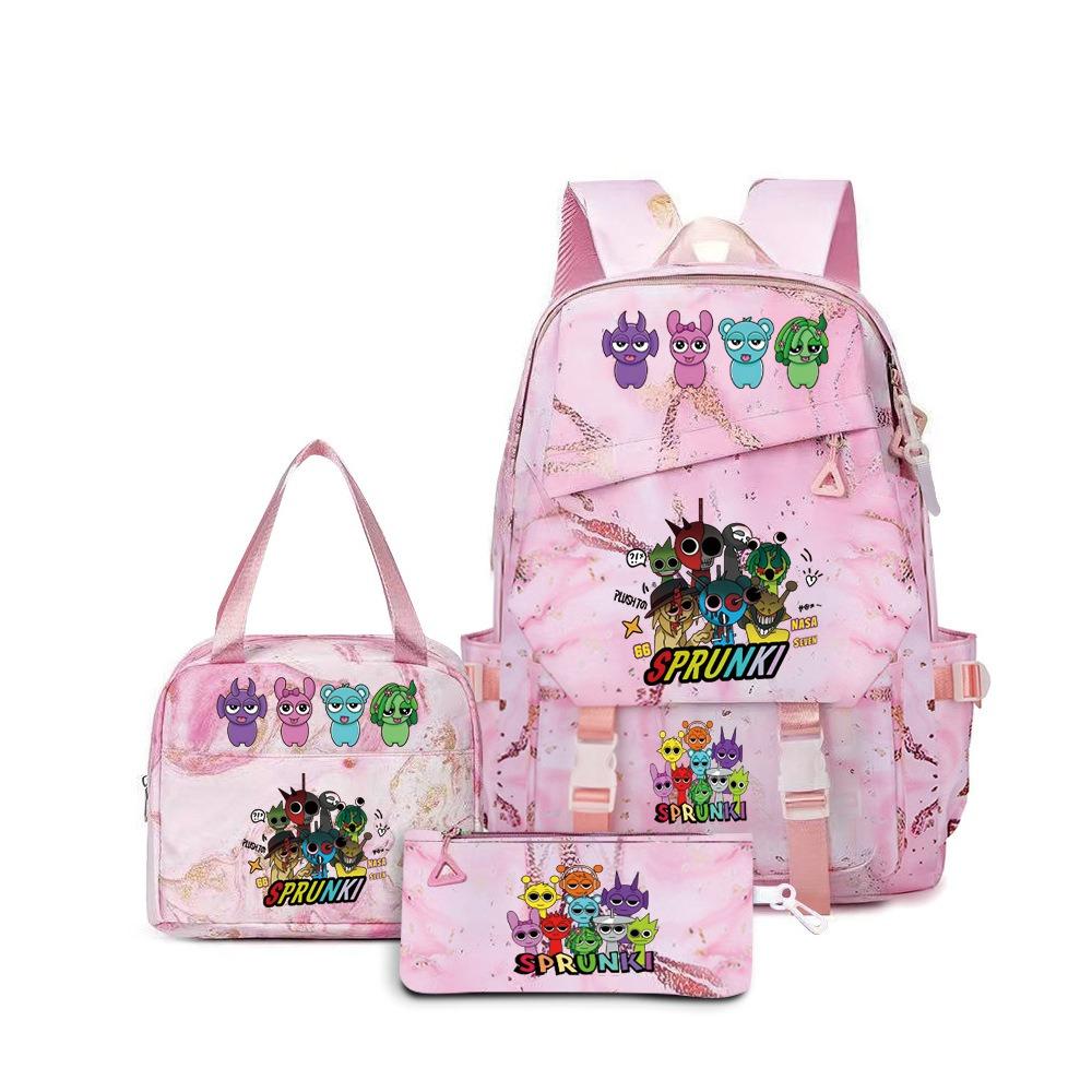 Rhythm box music game heat transfer backpack Sprunki pink schoolbag portable lunch bag stationery pencil case D