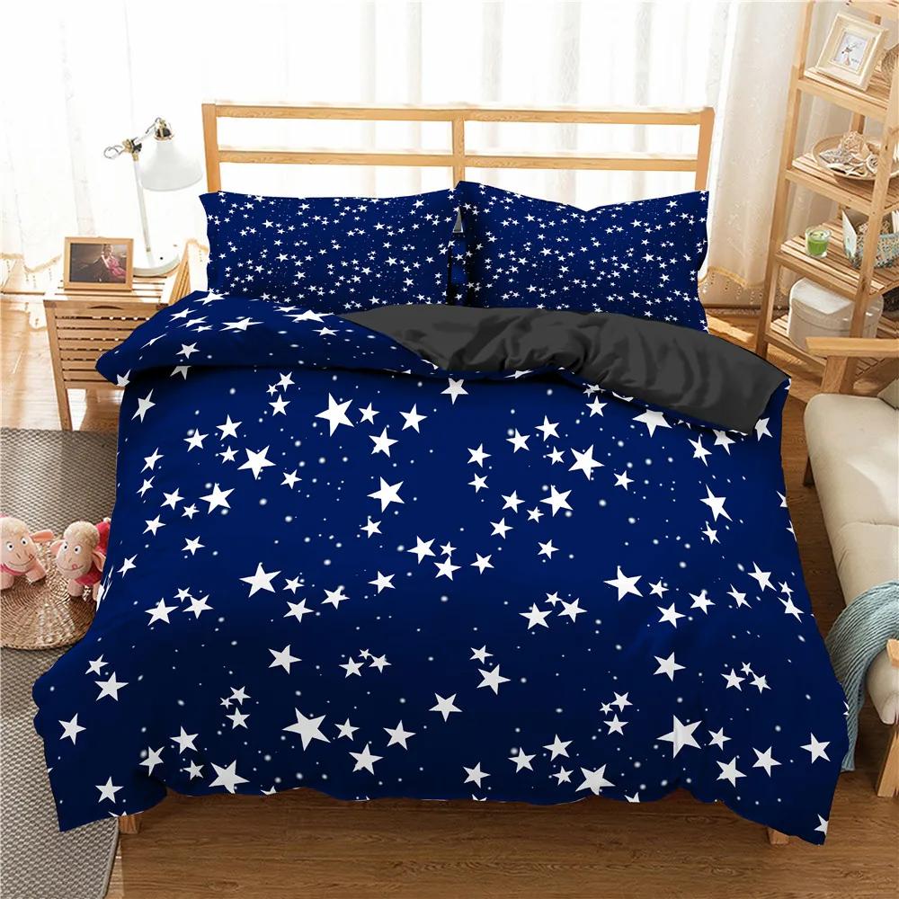 Star Single Double Twin Queen Bedding Set 2/3pcs Night Sky Polyester Bed Cover Kid Duvet Cover Set Dark Blue Galaxy Bedclothes