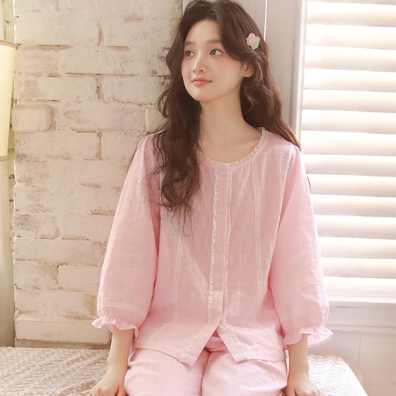 Qingmu Women's Gauze Nine Sleeve Pants Home Clothes Set